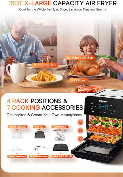 Nuwave Brio 15.5Qt Air Fryer Rotisserie Oven, X-Large Family Size, Powerful 1800W, 4 Rack Positions, 50°-425°F Temp Controls, 100 Presets & 50 Memory, Integrated Smart Thermometer, Linear T Technology