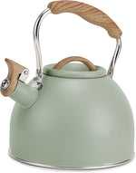 Load image into Gallery viewer, Tea Kettle, Vegoran 100 OZ / 3 Liter Whistling Tea Kettle, Tea Pots for Stove Top Food Grade Stainless Steel with Wood Pattern Folding Handle, Loud Whistle Kettle for Tea, Coffee, Milk (Green)