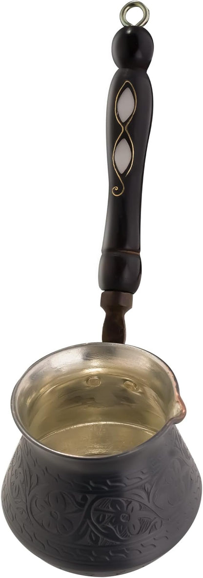 BCS 12 Oz Copper Turkish Greek Arabic Coffee Pot with Wooden Handle (4 servings) Cezve Ibrik Briki Stovetop Coffee Maker (Includes Wooden Spoon)