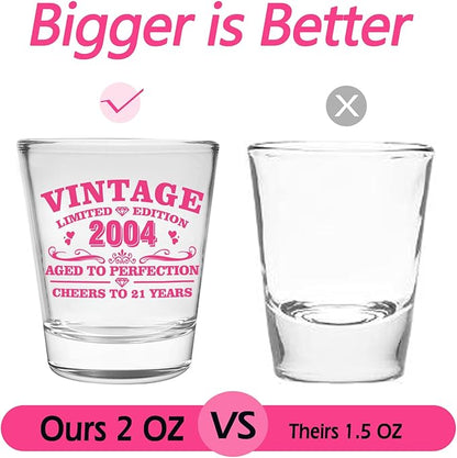 Funny 21st Birthday Shot Glass for Her – Pink 2 oz Glass with Gift Box – Unique Gift for Women,Female, Friends, or Sister - Cheers to 21 Years – 2004 Pink Printed