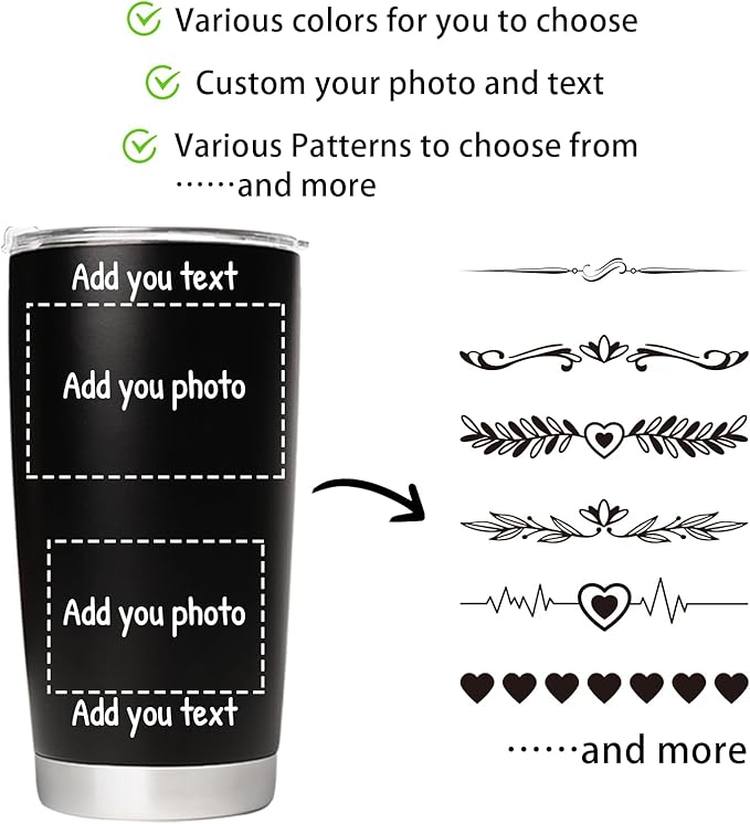 Personalized Tumbler with Pictures Text, Custom Photo Stainless Steel Coffee Tumbler, Coffee Travel Mug Cup 20 Oz Custom Gifts for Fathers Day Christmas Birthday for Dad Mom Kids