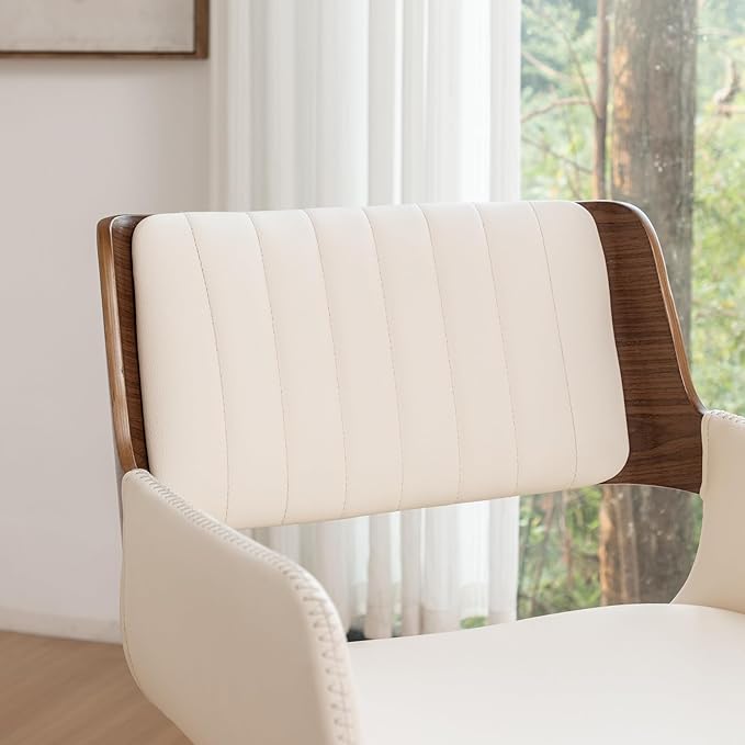 LUNLING Swivel Accent Faux Leather Dining Chairs Set of 4,Mid Century Modern Chairs with Wooden Legs/Armrest/Upholstered Seat/Adjustable Foots for Kitchen Dining Room Desk Chairs,Beige