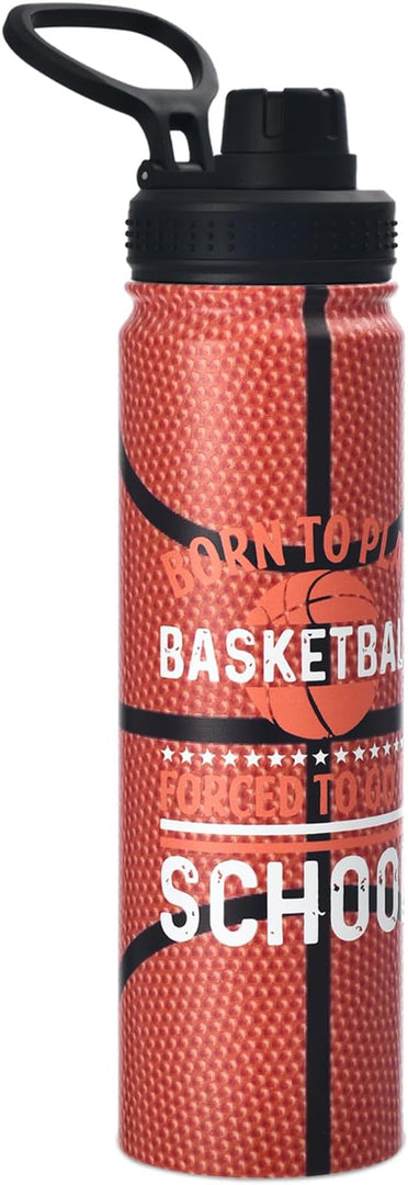 Basketball Water Bottle, 24 oz Insulated Stainless Steel Sports Bottle with Straw, Basketball Stuff Gifts for Boys