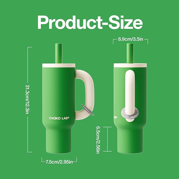 BaWang Insulated Stainless Steel Tumbler | Tumbler with Handle and Straw 33oz | Cup Holder Friendly for Travel | Leakproof Water Bottle | BPA-Free | Ceramic liner| Green＆White
