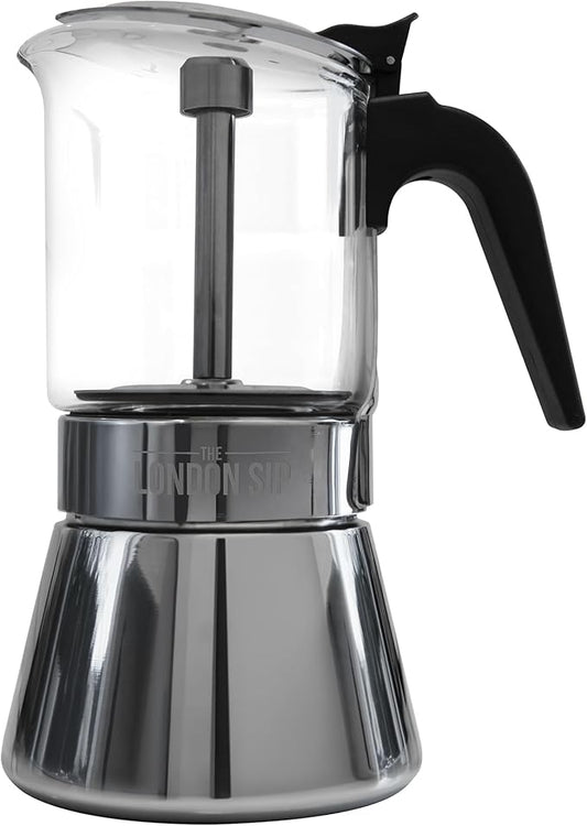 London Sip Glass and Stainless Steel Stovetop Espresso Maker Moka Pot Italian Coffee Percolator, Glass, Small (5.07 oz)