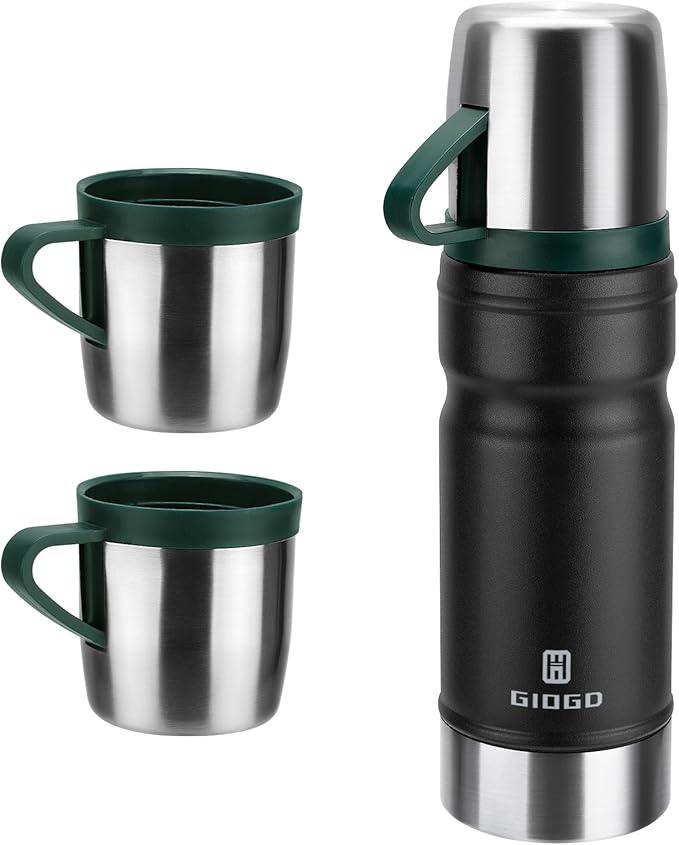 Vacuum Insulated Water Bottle Thermo Water Flask with Cup 680ml/23oz Stainless Steel Thermal Water Bottles Thermo for Hot and Cold Drinks Coffee Water(Black,Set)