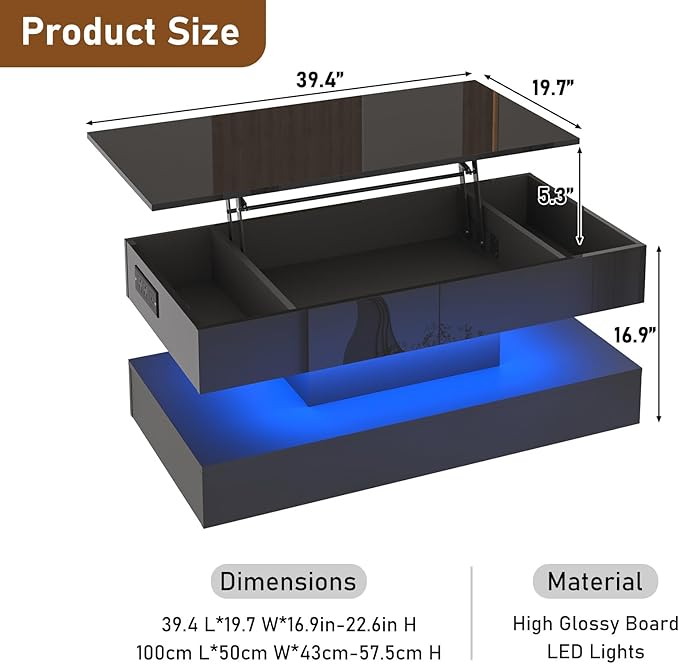 39.4" Large Lift Top Coffee Table,Modern High Glossy LED Coffee Tables for Living Room with Storage,Black Living Room Tables for Living Rooms,Dining Room,Bedroom Home Office,APP LED Lights（Black）