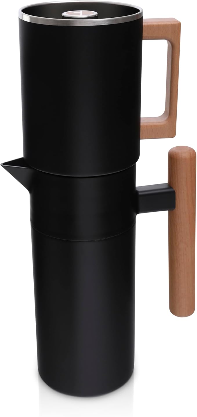HASTINGS 40 Oz Pour Over Coffee Maker Set with Double Layer Reusable Stainless Steel Filter 8-Cup and Wood Handle - Dual Wall Heat Resistant Drip Coffee Brewer, Pour Over Coffee Dripper Carafe, Black