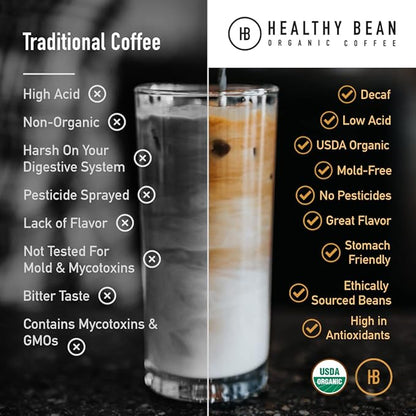 Healthy Bean Decaf Organic Ground Coffee - Low Acid Coffee Grounds for Sensitive Stomach - Medium Roast Blend, USDA Organic, High Antioxidants, Smooth and Rich Flavor, Low Acid Decaf, 11oz