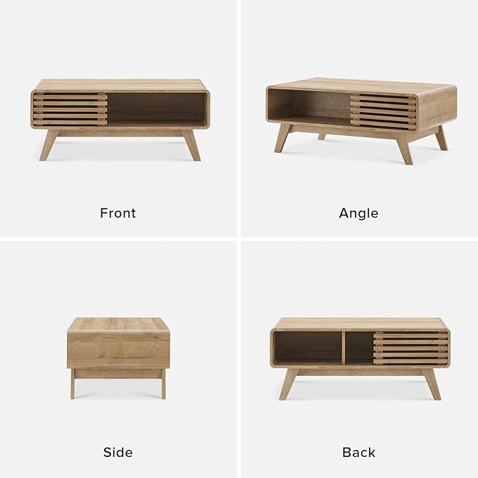 mopio Ensley Coffee Table with Storage, Mid Century Modern, Farmhouse Wood Coffee Table for Living Room Fluted (Oak)