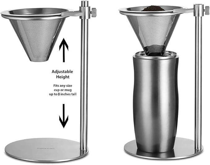 Pour Over Coffee Dripper, Stainless Steel Coffee Filter, Cone Coffee Dripper with Adjustable Pour Over Drip Coffee Stand
