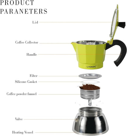 Stovetop Espresso Maker, 3Cup Moka Pot, Espresso Machine Compatible with Induction Cooktops, 150ml Stainless Steel & Aluminum Cuban Coffee Maker for Cafetera Cubana, Green