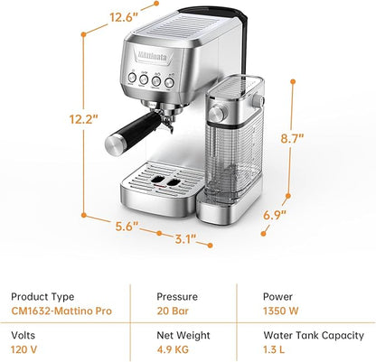 Cappuccino Machine 20 Bar, Professional Espresso Machines for Home and Office with Automatic Milk Frothering System, Barista Compact Latte Maker for Coffee Lovers, Stainless Steel-Mattino