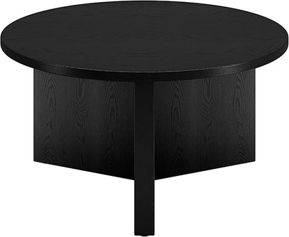 Henn&Hart 32" Round Wood Pedestal Coffee Table for Living Room, Family Room, Office, or Apartment, Black Grain