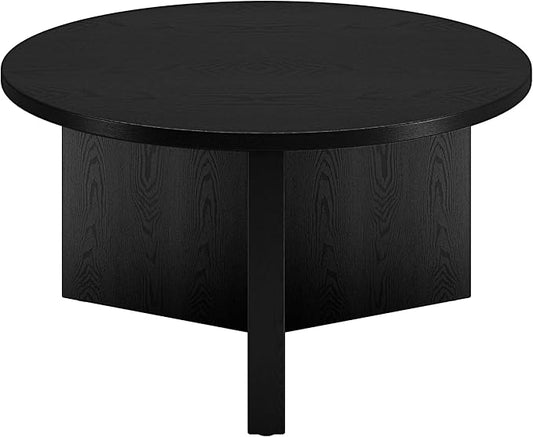 Henn&Hart 32" Round Wood Pedestal Coffee Table for Living Room, Family Room, Office, or Apartment, Black Grain