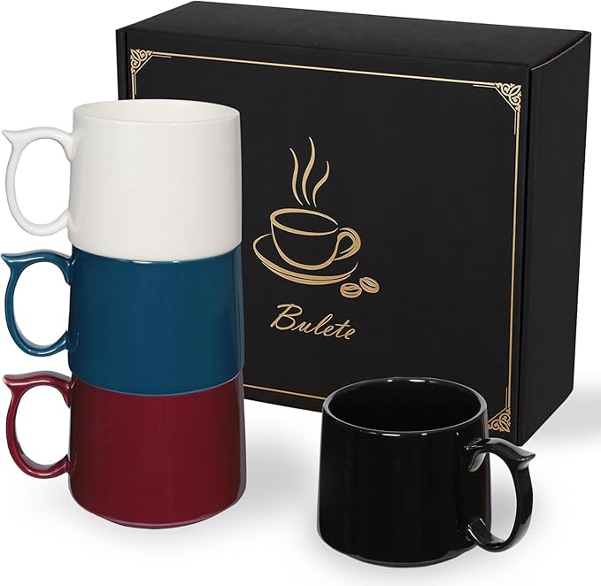 Large Coffee Mugs Set of 4, 19 oz Stackable Ceramic Coffee Mug, Coffee Cups with Large Handle for Latte, Cappuccino, Milk, Tea, Dishwasher & Microwave Safe, Ideal for Men, Women - Multicolor
