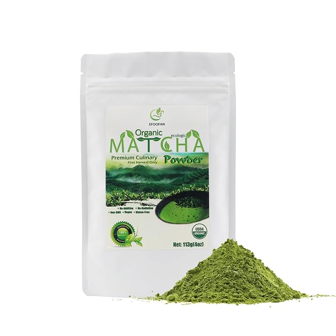 EFOOFAN Organic Matcha Green Tea Powder, Premium Culinary Grade(4oz), Japanese Tencha Tea Flavor, First Harvest, Te Macha Organico for Latte, Baking, Smoothie