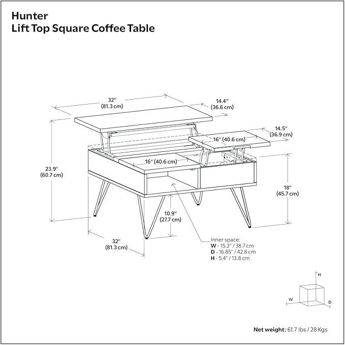 SIMPLIHOME Hunter Lift Top Coffee Table - 32 inch Wide Oak Veneer and Metal Industrial Square Lift Top Cocktail Table in Oak, Living Room Table with Dual Lift Tops, Hidden Storage and Hairpin Legs