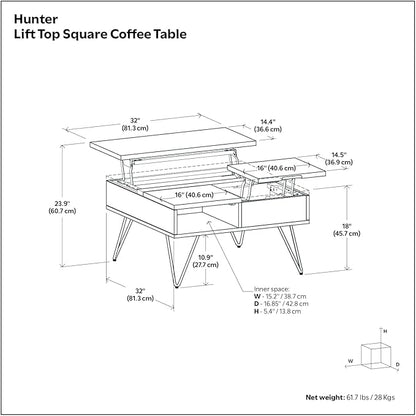 SIMPLIHOME Hunter Lift Top Coffee Table - 32 inch Wide Oak Veneer and Metal Industrial Square Lift Top Cocktail Table in Oak, Living Room Table with Dual Lift Tops, Hidden Storage and Hairpin Legs
