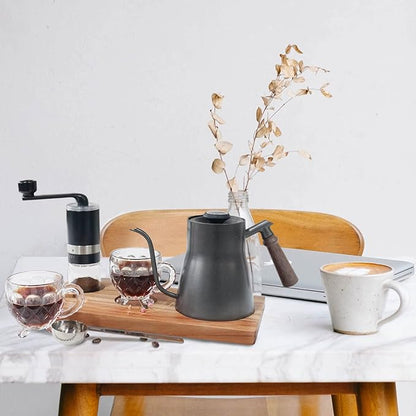 SOTECH Portable Coffee Maker Set Tea Set And Tray; Manual Grinder; Stainless Steel Scoop & 2 Glass Cups and Wooden Tray