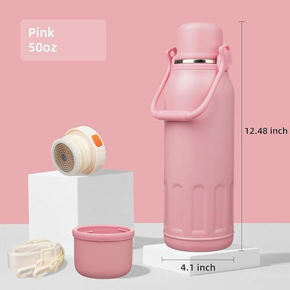 Insulated Water Bottle with Handle and Strap,Vacuum Travel Tumbler with Cup Lid,Thermo Coffee Cup for Hot Cold Drinks 50 OZ,Pink