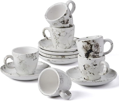 SIDUCAL Espresso Cups Set of 6,2 Ounce Ceramic Coffee Cups with Saucers,Porcelain Double Espresso Shot Cup Set,Gift Box for Boyfriend Gift(White)