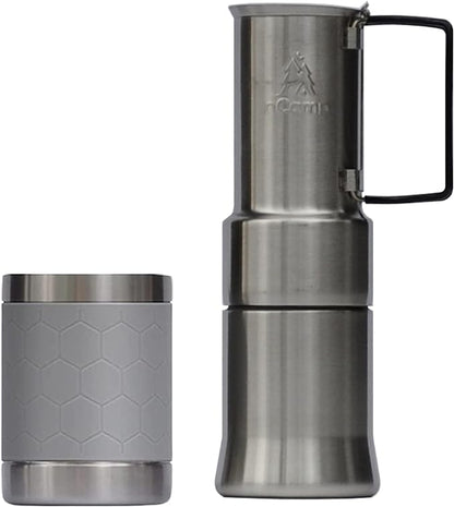 nCamp - Café, Portable Coffee Maker, Portable Espresso Machine, Compact Camping Coffee Maker, Stainless Steel Travel Coffee Maker with Camping Coffee Cup, Reusable, 12 oz