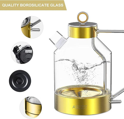 ASCOT Electric Kettle, Glass Electric Tea Kettle Gifts for Men/Women/Family 1.5L 1500W Borosilicate Glass Tea Heater, with Auto Shut-Off and Boil-Dry Protection (Gold)