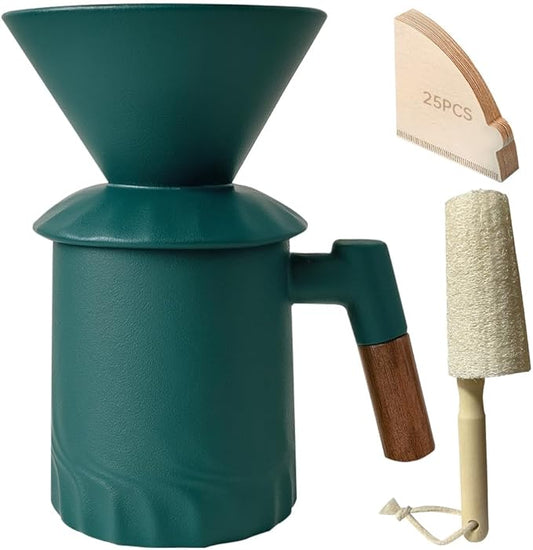 Pour Over Coffee Maker Set, Ceramic Pour Over Coffee Dripper 15.5oz/450 ml with 25 Pcs V60 Paper Filter, Coffee Pour Over Set for Camping, Green
