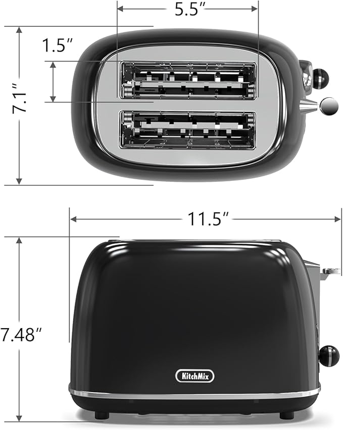 Toaster 2 slice,Retro Stainless Steel Toaster with 6 Settings, 1.5 In Extra Wide Slots, Bagel/Defrost/Cancel Function, Removable Crumb Tray (Dark)