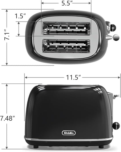 Toaster 2 slice,Retro Stainless Steel Toaster with 6 Settings, 1.5 In Extra Wide Slots, Bagel/Defrost/Cancel Function, Removable Crumb Tray (Dark)