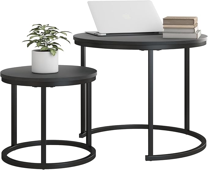 Small Coffee Table Set of 2, Round End Tables for Living Room, Modern Black Nesting Tables, Farmhouse Wood Side Table With Metal Frame, Easy Assembly, Stacking