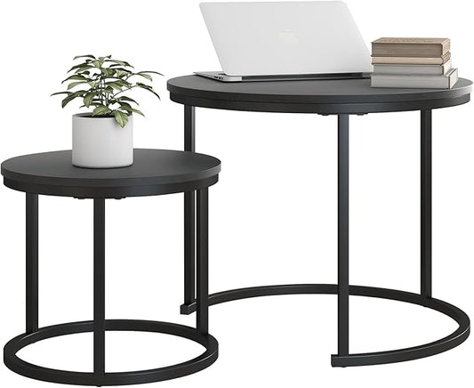 Small Coffee Table Set of 2, Round End Tables for Living Room, Modern Black Nesting Tables, Farmhouse Wood Side Table With Metal Frame, Easy Assembly, Stacking