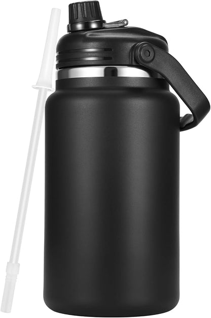 1 Gallon Thermosflask with Straw, 135oz Stainless Steel Insulated Water Bottle，4L Oversized Double Wall Vacuum Jug with Handle for Hot Cold Drinks, Wide mouth Icebuckets for Hiking Sports(Black)
