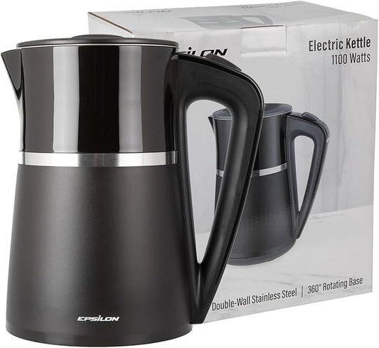 Epsilon Electric Kettle 1100W - 1.7L, Electric Tea Kettle with Boil Dry Protection and Auto Shut-Off, Fast Boil Electric Tea Kettle, Double Wall Stainless Steel, Removable Top and BPA Free