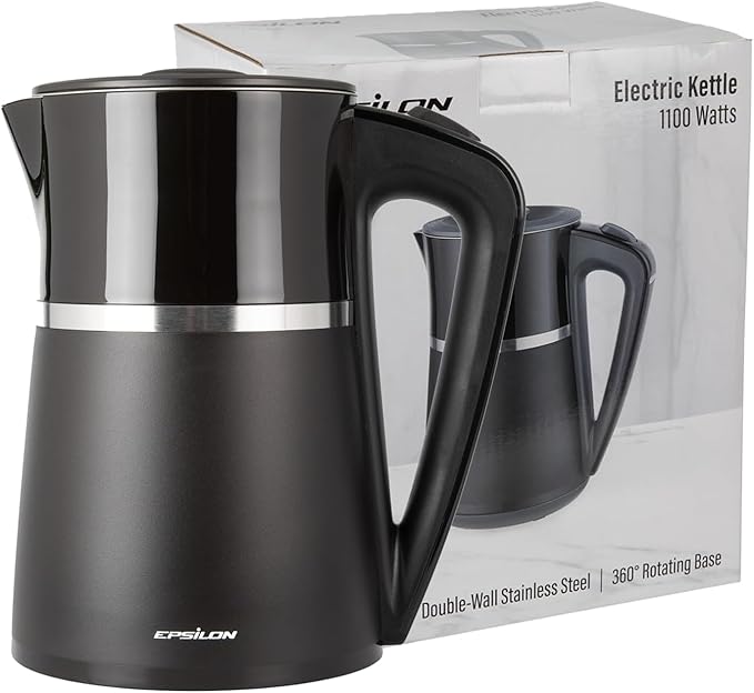 Epsilon Electric Kettle 1100W - 1.7L, Electric Tea Kettle with Boil Dry Protection and Auto Shut-Off, Fast Boil Electric Tea Kettle, Double Wall Stainless Steel, Removable Top and BPA Free