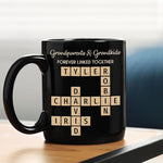 Load image into Gallery viewer, Family Forever Linked Together Custom Names Ceramic Mug, Crossword Puzzle Art, for Birthday, Anniversary or Special Occasions (Grandparents &amp; Grandkids Forever Linked Together Black Mug)