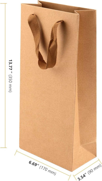 SEUNMUK 60 Pack 13.8 x 6.7 x 3.5 Inch Kraft Wine Gift Bags, 260 gsm Thick Paper Wine Bottle Bags with Handles, Elegant Wine Bags for Party, Wedding and Retailing