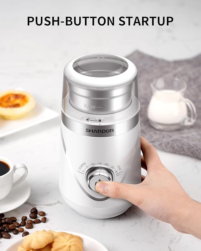 SHARDOR Electric Super Silent Blade Coffee Grinder, Timed Grind Control Rotary Knob, Adjustable Coarse to Fine for Coffee Beans, Spices & Herbs, with 1 Removable Stainless Steel Bowl, White