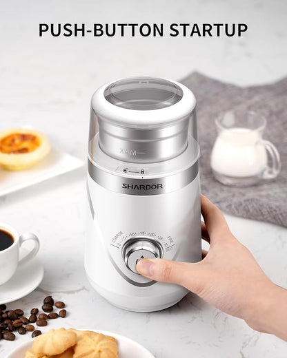 SHARDOR Electric Super Silent Blade Coffee Grinder, Timed Grind Control Rotary Knob, Adjustable Coarse to Fine for Coffee Beans, Spices & Herbs, with 1 Removable Stainless Steel Bowl, White