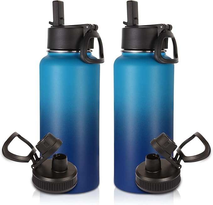 Volhoply 32 oz Water Bottles Bulk 2 Pack with Straw Lid & Spout Lid,Insulated Sports Water Bottle,Double Wall Vacuum Stainless Steel Cups,Leak proof Wide Mouth Metal Flask for Travel(Green Blue,2)