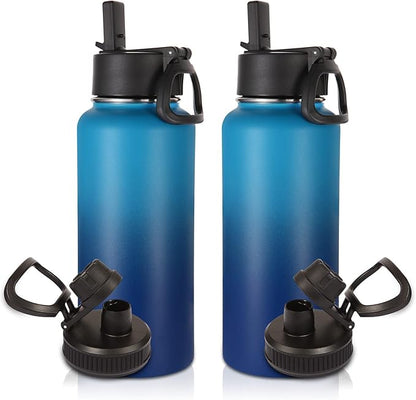 Volhoply 32 oz Water Bottles Bulk 2 Pack with Straw Lid & Spout Lid,Insulated Sports Water Bottle,Double Wall Vacuum Stainless Steel Cups,Leak proof Wide Mouth Metal Flask for Travel(Green Blue,2)