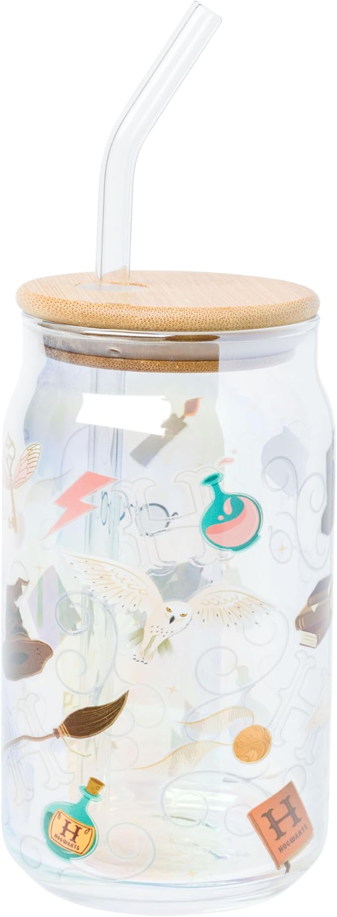 Silver Buffalo Harry Potter Iconic Icons Pattern Wands at the Ready 2 Pack Glass Jar Tumbler with Bamboo Lid and Glass Straw, 16 Ounces