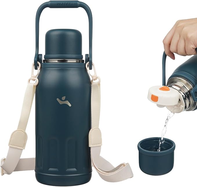 Insulated Water Bottle with Handle and Strap,Vacuum Travel Tumbler with Cup Lid,Thermo Coffee Cup for Hot Cold Drinks 40 OZ,Navy Blue