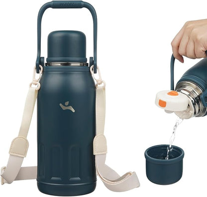 Insulated Water Bottle with Handle and Strap,Vacuum Travel Tumbler with Cup Lid,Thermo Coffee Cup for Hot Cold Drinks 40 OZ,Navy Blue