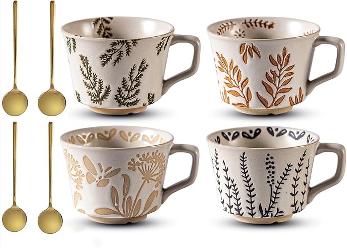 Ceramic Mug Set of 4, 11oz - Vintage Mug Cups for Coffee Milk Latte Cappuccino Tea, Porcelain Coffee Cups Set Christmas Gifts, Farmhouse Handmade Stoneware Cups Dishwasher Microwave Safe