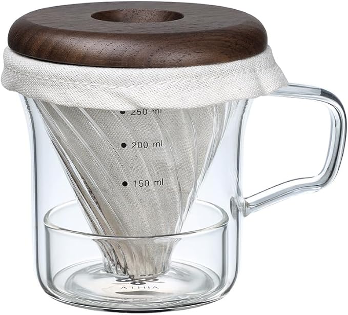 ATHIA Glass Pour Over Coffee Dripper Set, Glass Cone Dripper, Reusable Cloth Filter, Leather Cup Sleeve, Minimal Single Cup SET, for outdoor, office or at home (Walnut Wood)