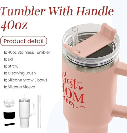 SANDJEST Mom Gifts Best Mom Ever Tumbler Stainless Steel 40oz with Handle Insulated Travel Cup - Mom Travel Coffee Mug, Mother's Day Christmas Birthday Gifts from Son Daughter