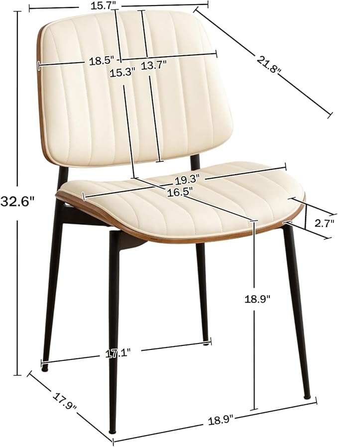 LUNLING Dining Room Chairs Set of 2 Mid Century Modern Retro Beige Faux Leather Chair with Walnut Bentwood Upholstered Seat Metal Legs Kitchen Chairs Adjustable Foot for Kitchen Dining Room