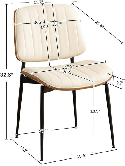 LUNLING Dining Room Chairs Set of 2 Mid Century Modern Retro Beige Faux Leather Chair with Walnut Bentwood Upholstered Seat Metal Legs Kitchen Chairs Adjustable Foot for Kitchen Dining Room